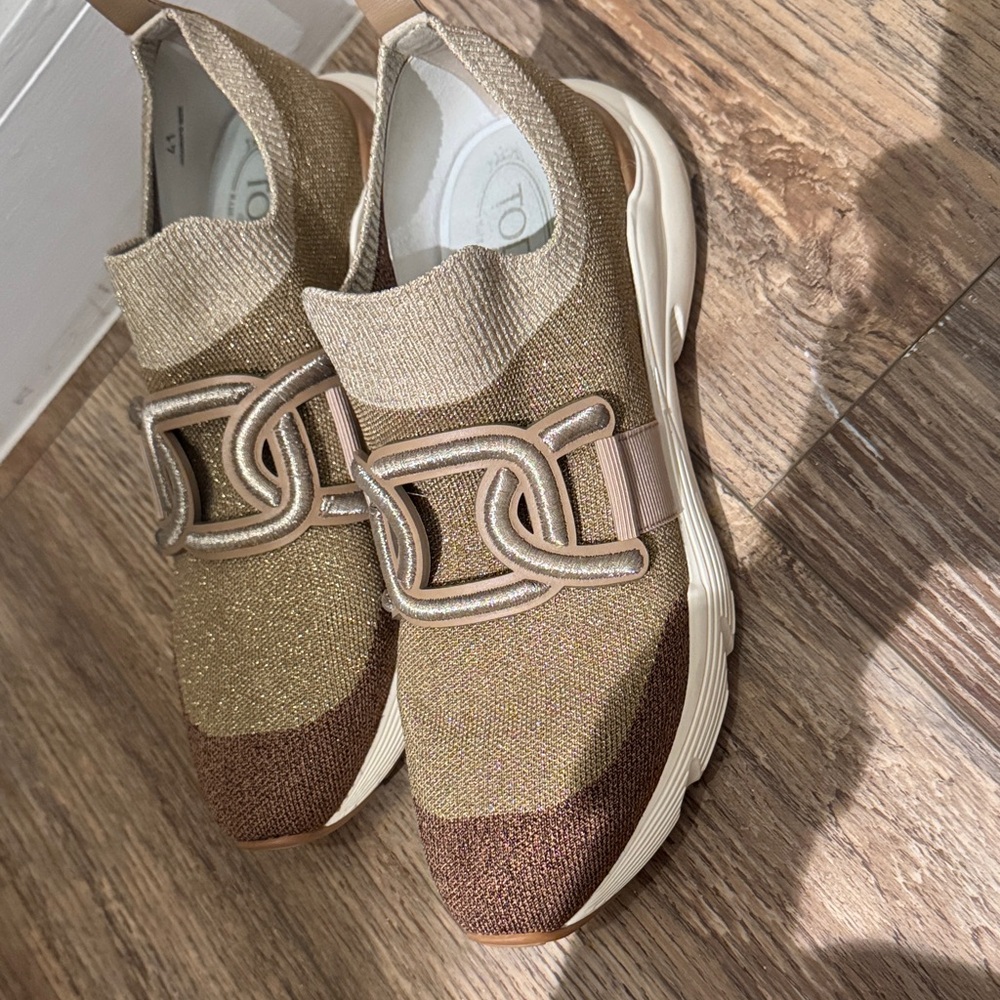 Tod's Kate Slip-on Sneakers in a gold and brown metallic lurex knit
